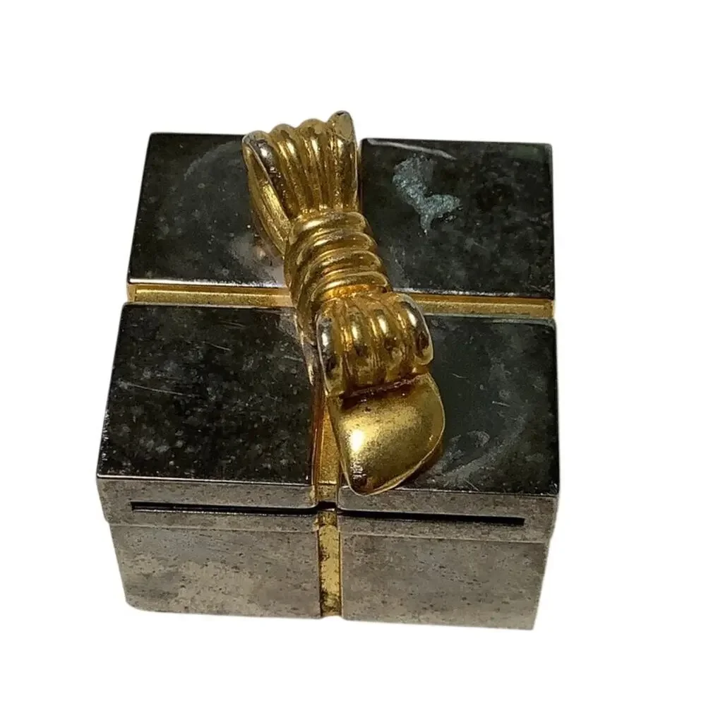 Vintage 1996 Gold Bow Silver Tone Miniature Present Box Desk Clock Gift E3-14